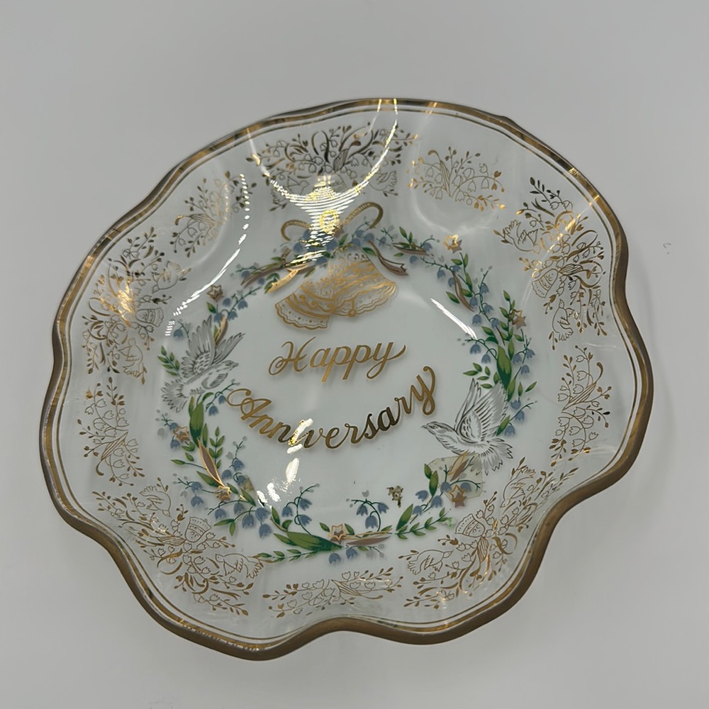 Vintage Happy Anniversary by G.Z Lefton Co. Glass Plate/Trinket Tray Gold Trim